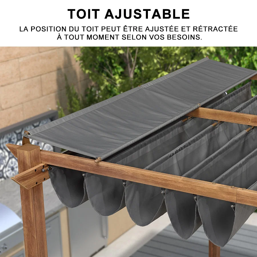 PURPLE LEAF Pergola Rétractable Extérieure Effet Bois en Métal avec Auvent Pare-Soleil pour Jardin Patio Porche Pavillon Avec Guirlande Lumineuse Blanc Lait