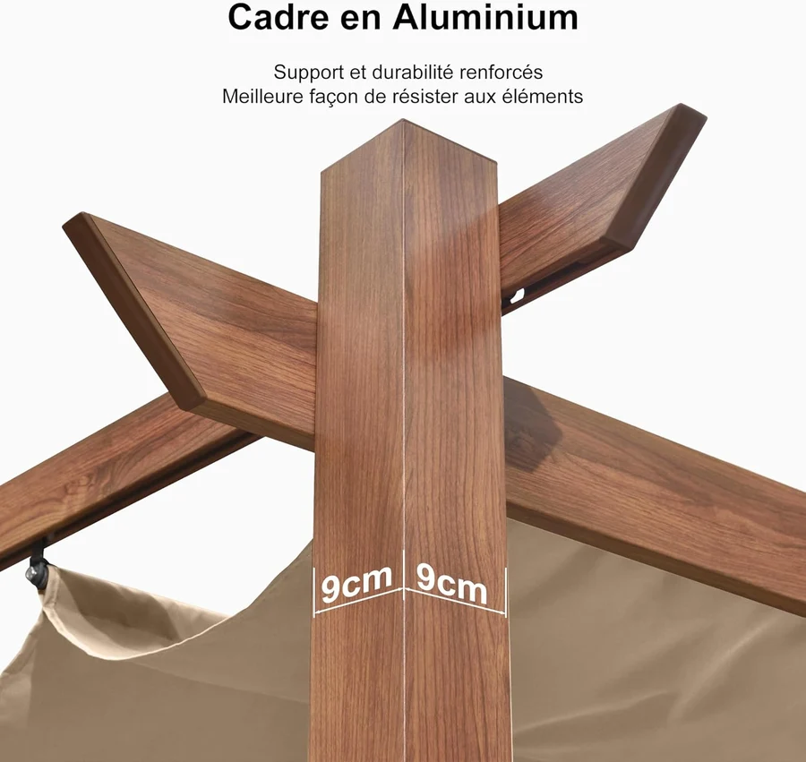 PURPLE LEAF Pergola Rétractable Extérieure Effet Bois en Métal avec Auvent Pare-Soleil pour Jardin Patio Porche Pavillon Avec Guirlande Lumineuse Blanc Lait