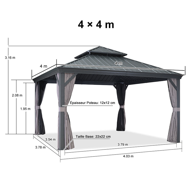 PURPLE LEAF Tonnelle De Jardin Exterieur Tonnelle Aluminum Avec Moustiquaire Et Rideaux Pavillon De Jardin à Double Toit Acier Galvanisé, Gris