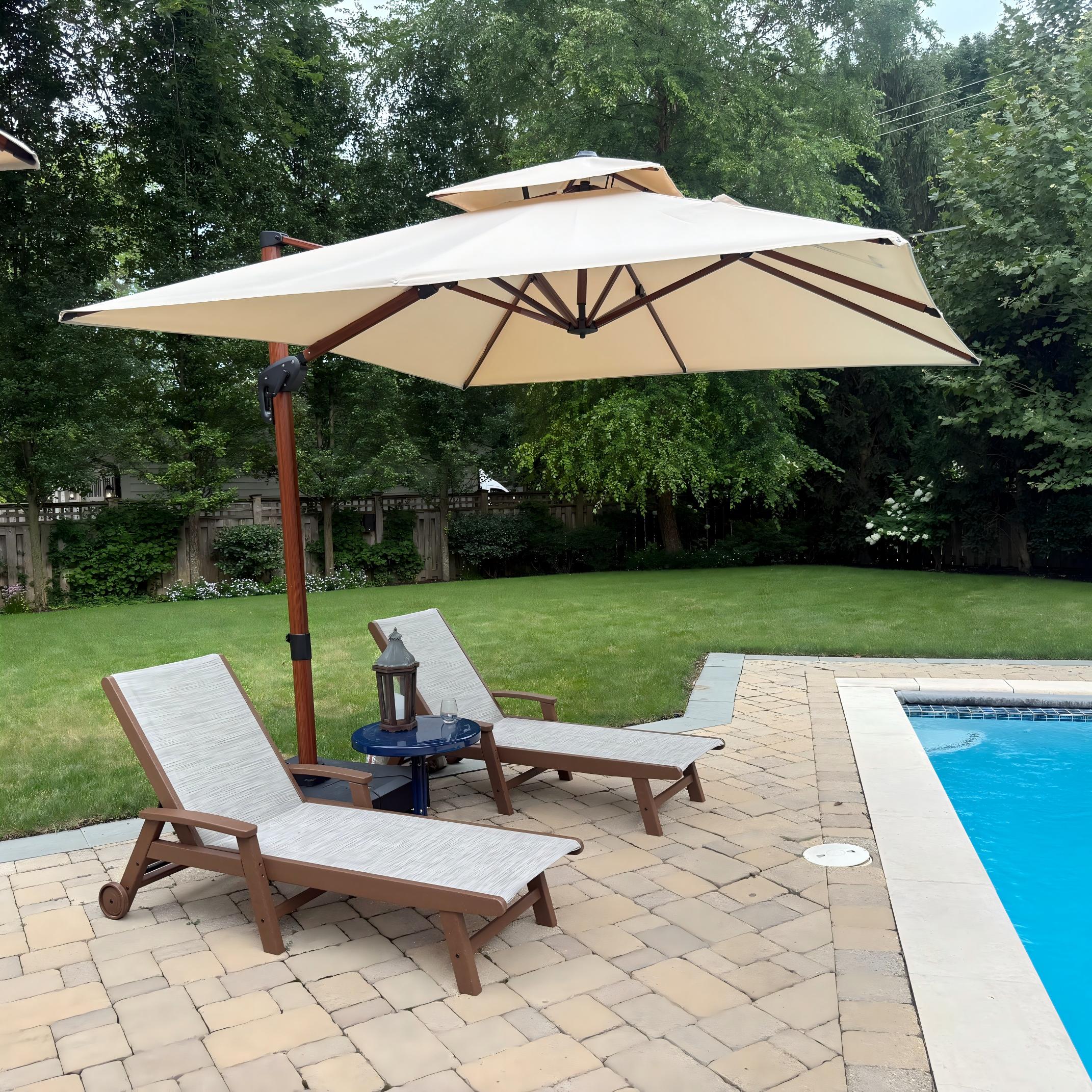 PURPLE LEAF Parasol Déporté Carré Grain de Bois en Aluminium avec socle