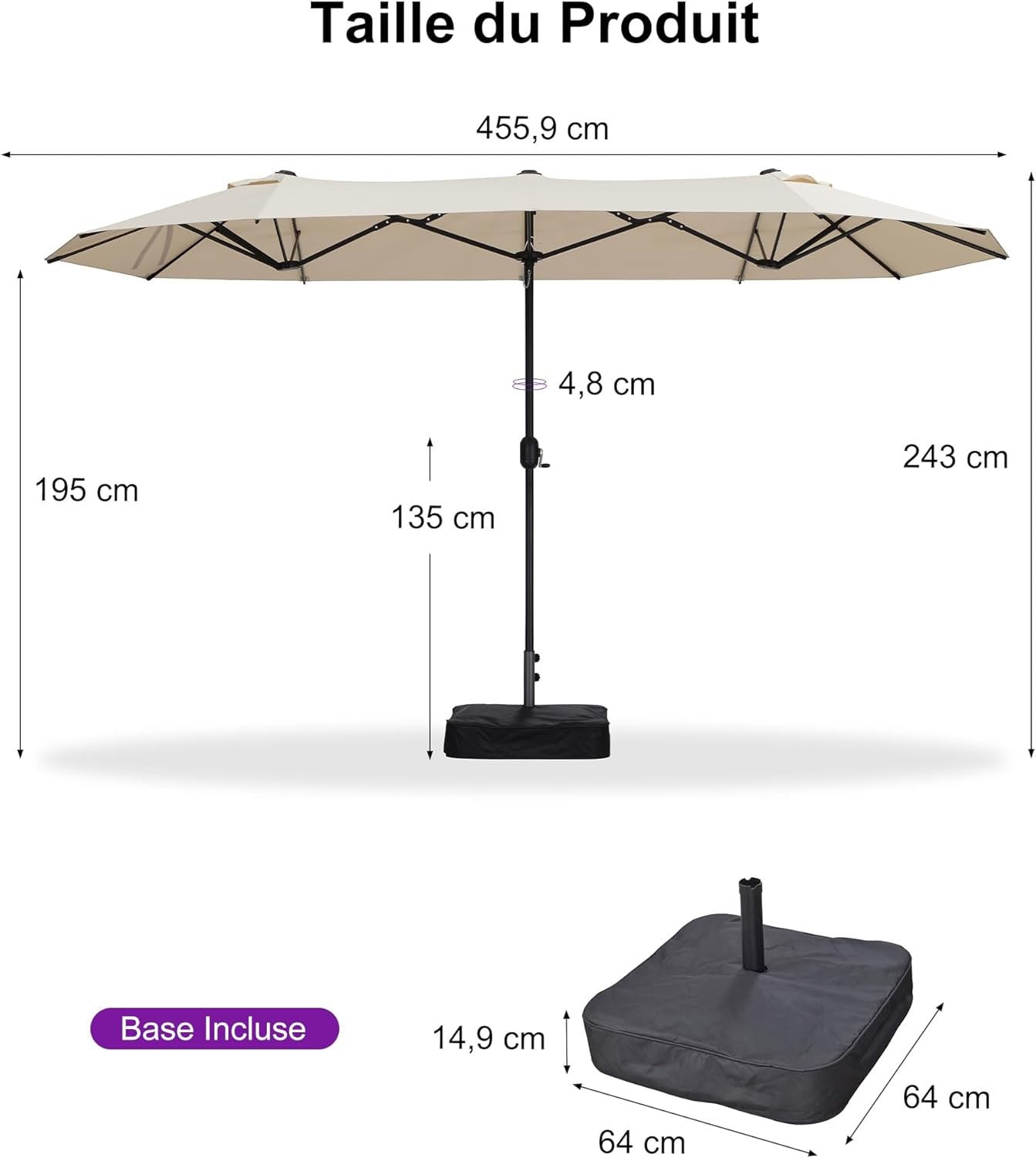 PURPLE LEAF Parasol de Jardin Extérieur, Grand Parasol Double avec Base, pour Terrasse, Jardin, Balcon et Piscine