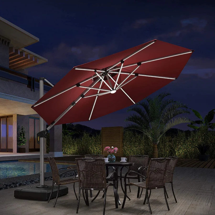 PURPLE LEAF Parasol De Jardin Extérieur Rond avec LED, Parasol Déporté avec Manivelle, Parasol Excentré Inclinable