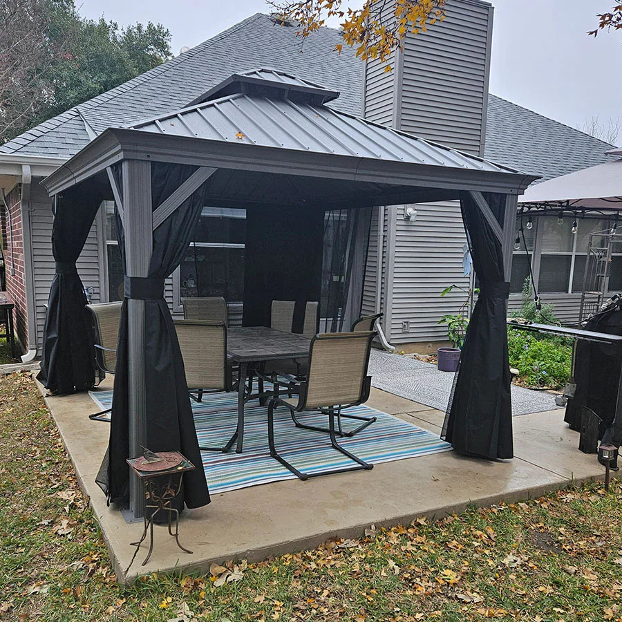 PURPLE LEAF Tonnelle de Jardin Pour Terrasse, Abris de Soleil Avec Toit Rigide en Acier Galvanisé, Equipée de Rideaux, Gris Clair