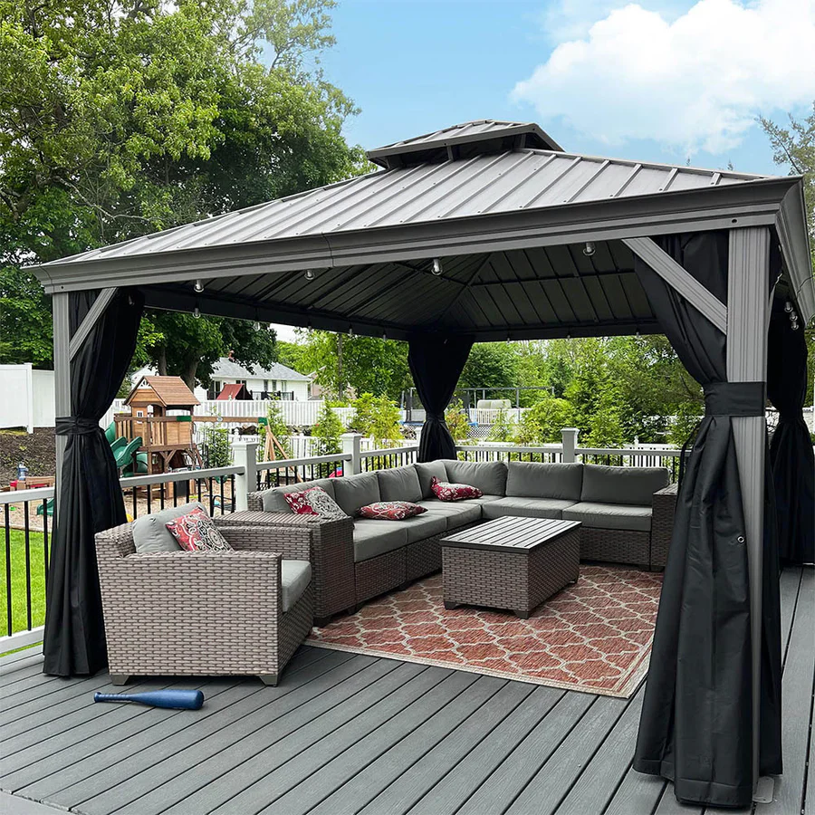 PURPLE LEAF Tonnelle de Jardin Pour Terrasse, Abris de Soleil Avec Toit Rigide en Acier Galvanisé, Equipée de Rideaux, Gris Clair