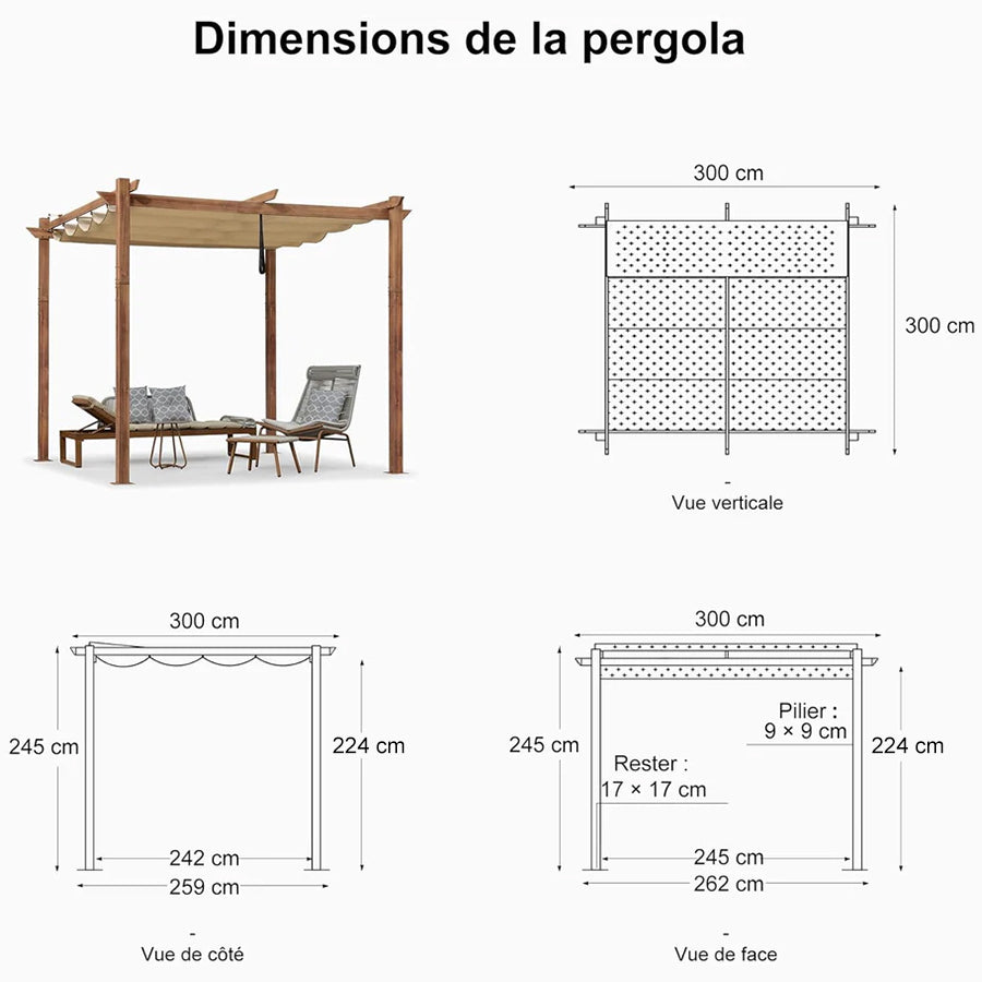 PURPLE LEAF Pergola rétractable extérieure avec pare-soleil auvent abri en métal pour patio de jardin porche pavillon de plage