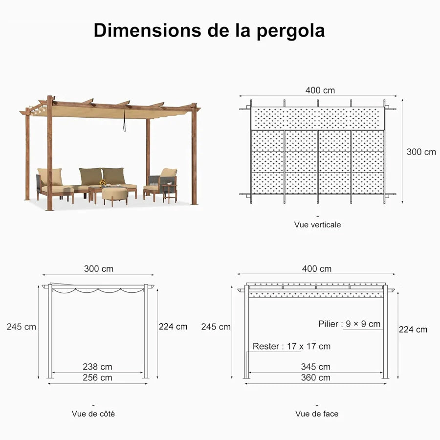 PURPLE LEAF Pergola rétractable extérieure avec pare-soleil auvent abri en métal pour patio de jardin porche pavillon de plage
