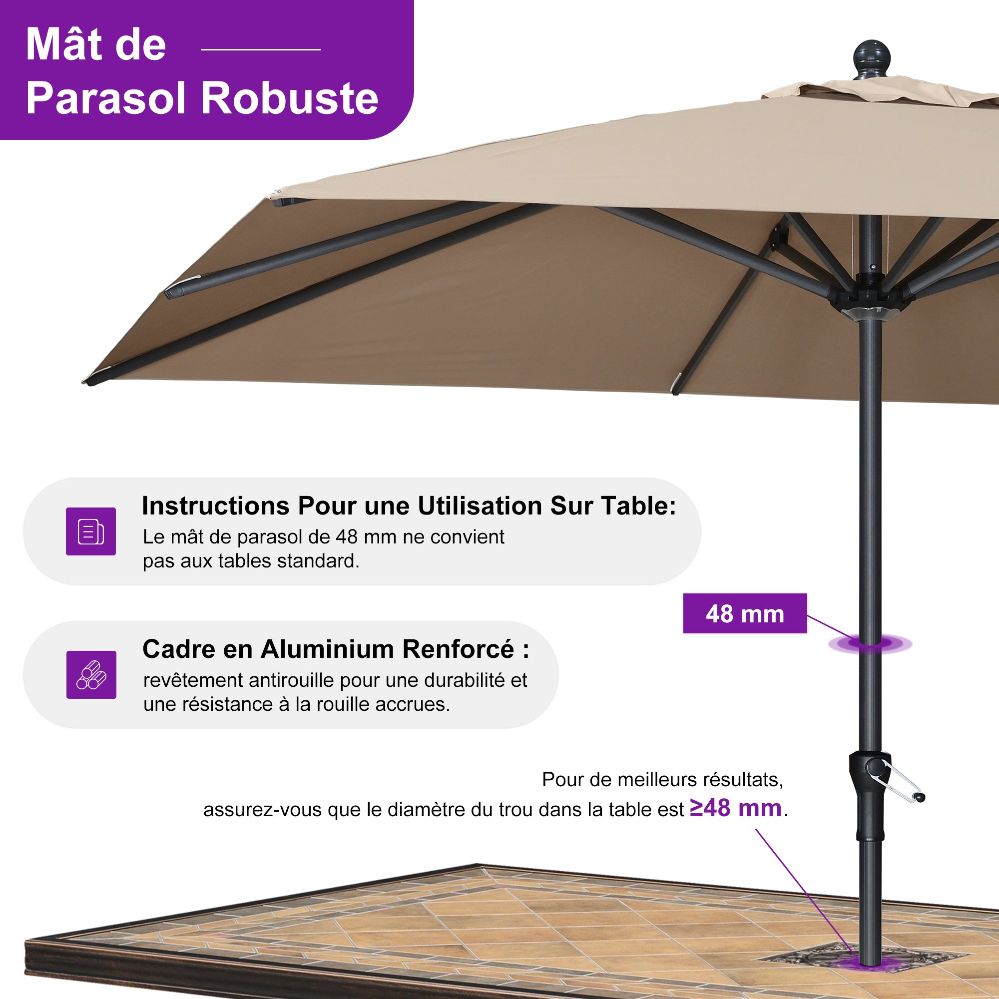 PURPLE LEAF Parasol en Aluminium à Mât Droit, Parasol d'Extérieur,Convient aux Jardins, Terrasses et abords de  Piscine ,Avec Socle