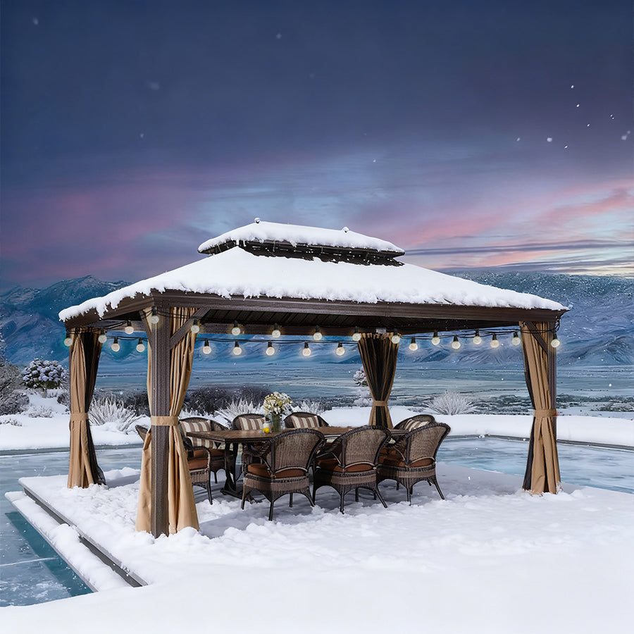 PURPLE LEAF Tonnelle de Jardin, Toit Double en Acier Galvanisé, Avec Rideaux Améliorés et Guirlandes Lumineuses Transparentes, Bronze