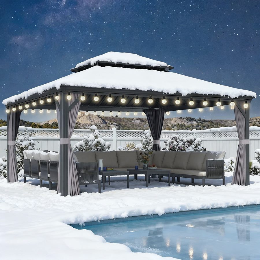 PURPLE LEAF Tonnelle de Terrasse et de Jardin, Toit Rigide en Acier Galvanisé, Conception de Gouttière avec Guirlandes Lumineuses Transparentes, Gris Clair