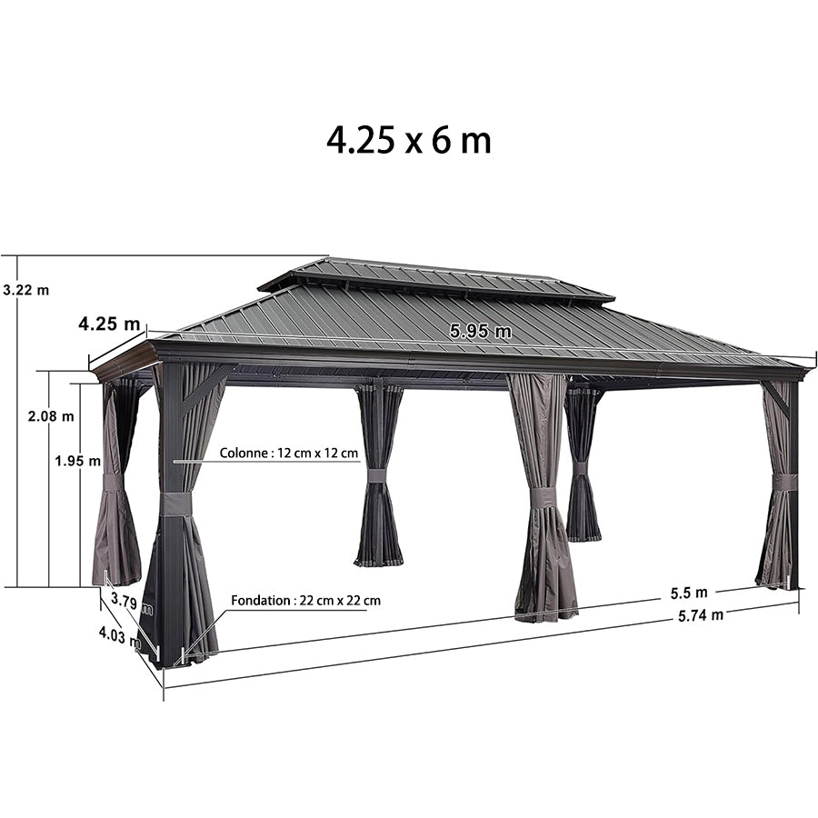 PURPLE LEAF Tonnelle De Jardin Exterieur Tonnelle Aluminum Avec Moustiquaire Et Rideaux Pavillon De Jardin à Double Toit Acier Galvanisé, Gris