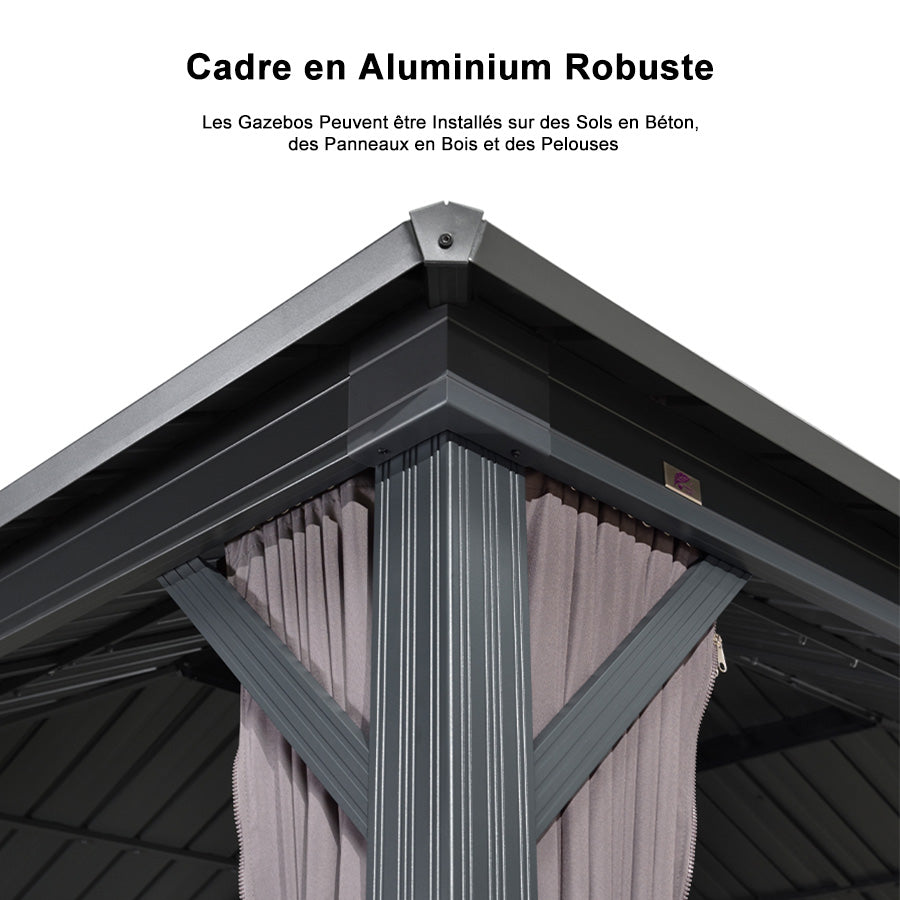 PURPLE LEAF Tonnelle de Jardin Pour Terrasse, Abris de Soleil Avec Toit Rigide en Acier Galvanisé, Equipée de Rideaux, Gris Clair