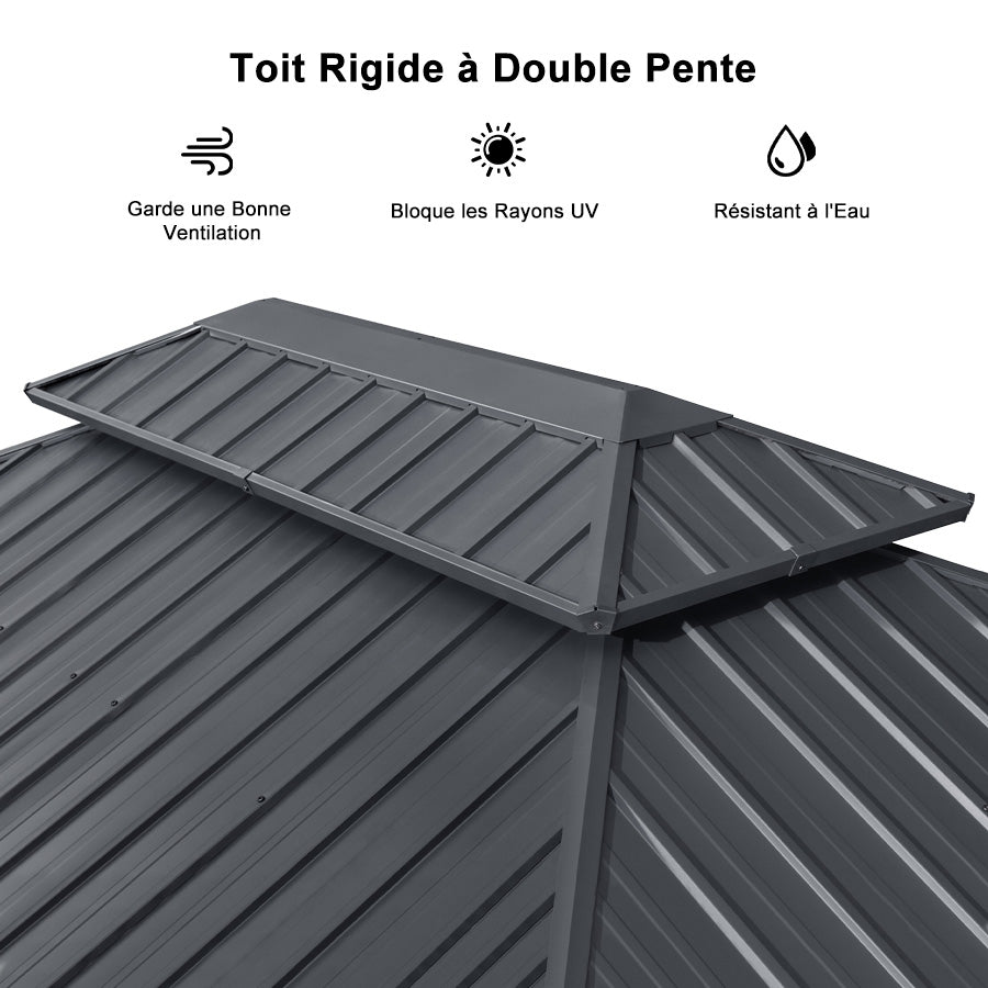 PURPLE LEAF Tonnelle de Jardin Pour Terrasse, Abris de Soleil Avec Toit Rigide en Acier Galvanisé, Equipée de Rideaux, Gris Clair