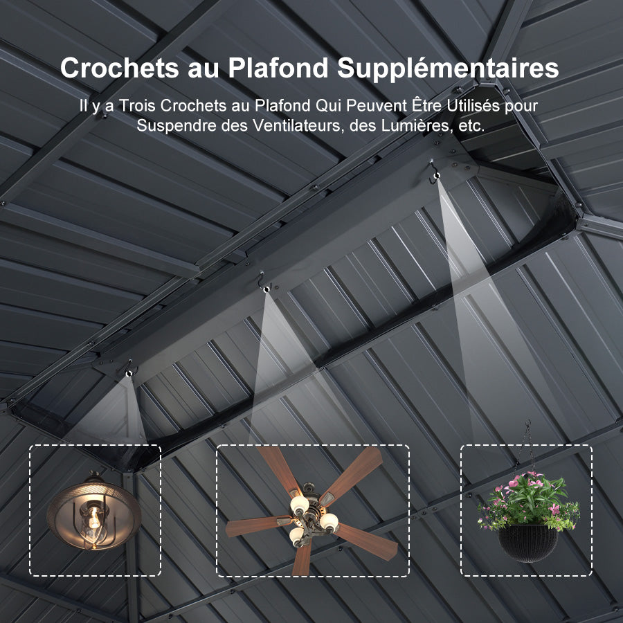 PURPLE LEAF Tonnelle de Terrasse et de Jardin, Toit Rigide en Acier Galvanisé, Conception de Gouttière avec Guirlandes Lumineuses Transparentes, Gris Clair