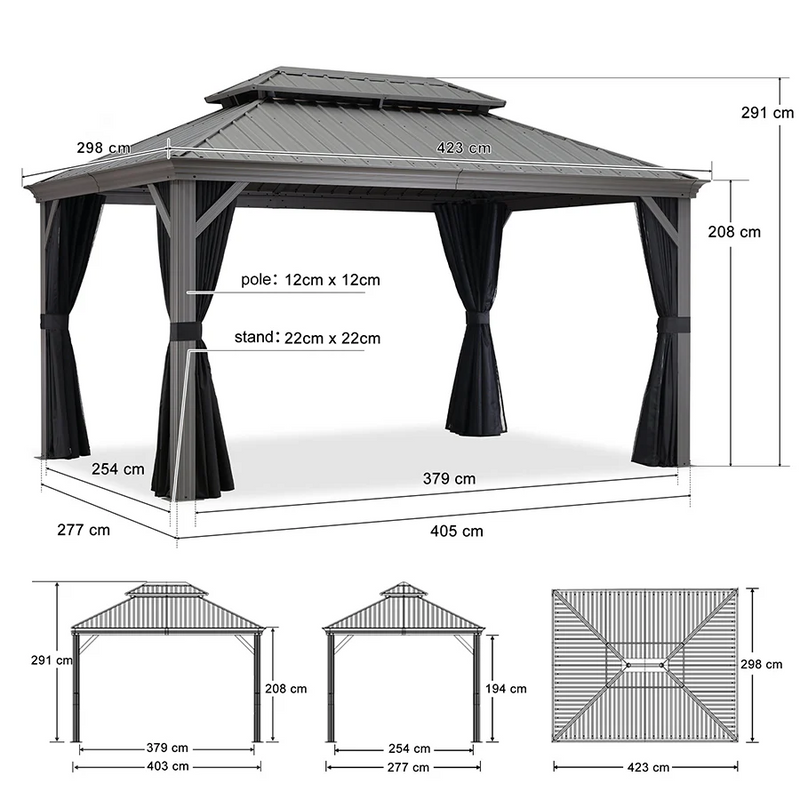 PURPLE LEAF Tonnelle de Jardin Pour Terrasse | Toit Rigide en Acier Galvanisé avec Rideaux Améliorés | Gris Clair