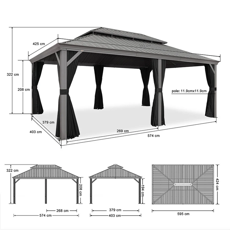 PURPLE LEAF Tonnelle de Jardin Pour Terrasse | Toit Rigide en Acier Galvanisé avec Rideaux Améliorés | Gris Clair