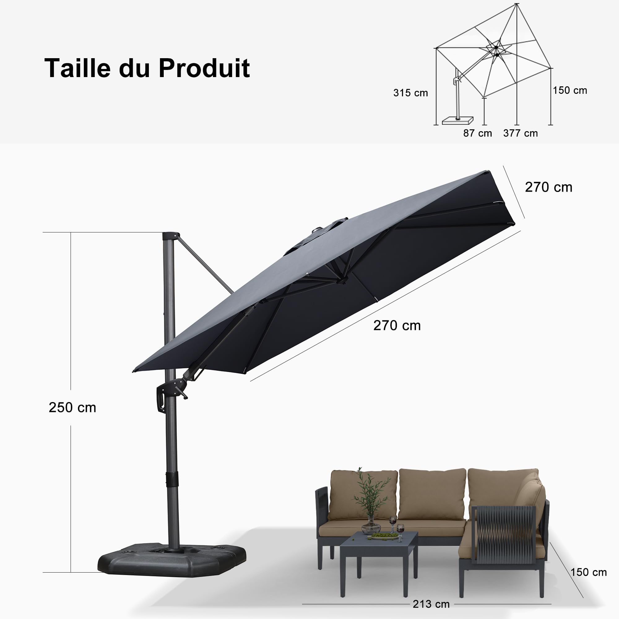 PURPLE LEAF Parasol Déporté Inclinable Gauche Droite Carré, Parasol De Jardin Extérieur avec 5 Positions réglables et Rotation à 360°, Toile Protection UV