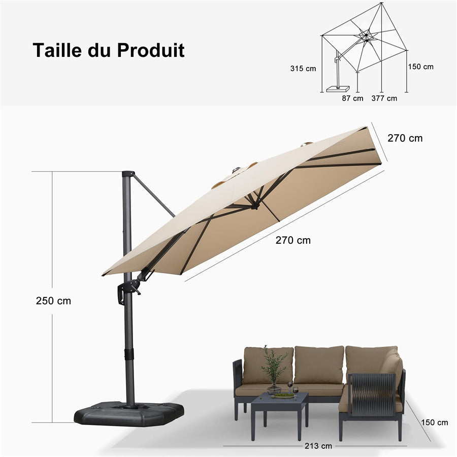 PURPLE LEAF Parasol Déporté Inclinable Gauche Droite Carré, Parasol De Jardin Extérieur avec 5 Positions réglables et Rotation à 360°, Toile Protection UV
