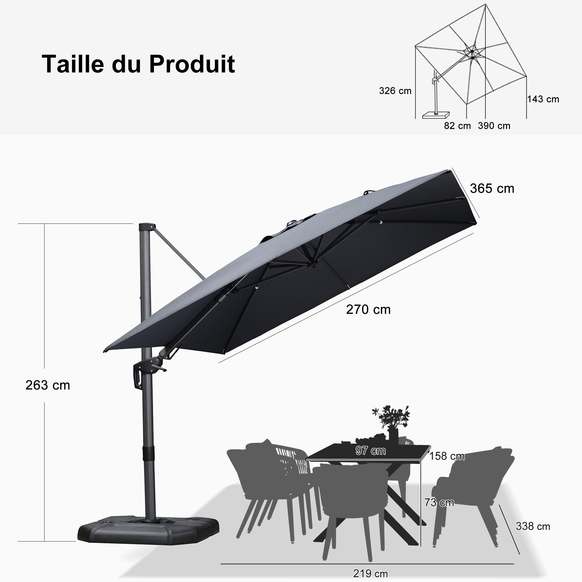PURPLE LEAF Parasol Déporté Inclinable Gauche Droite Carré, Parasol De Jardin Extérieur avec 5 Positions réglables et Rotation à 360°, Toile Protection UV