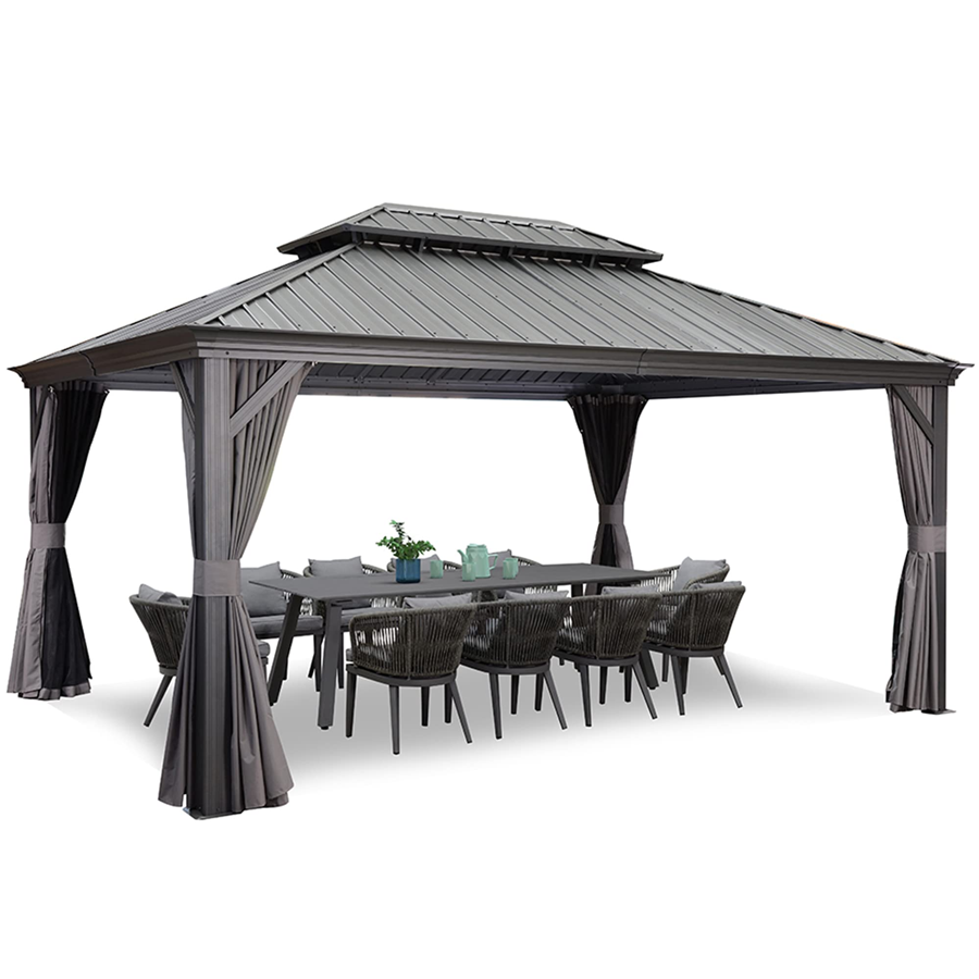 PURPLE LEAF Tonnelle De Jardin Exterieur Tonnelle Aluminum Avec Moustiquaire Et Rideaux Pavillon De Jardin à Double Toit Acier Galvanisé, Gris