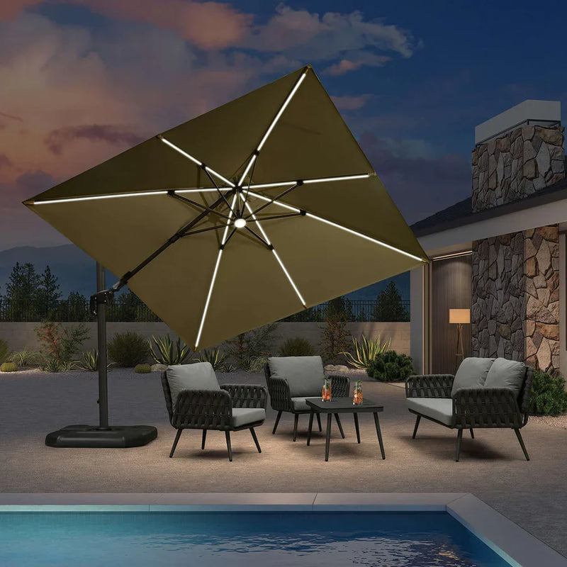 PURPLE LEAF Parasol Déporté avec LED Solaire 3 x 3 m Carré, Parasol De Jardin Extérieur Inclinable Toile Protection UV , avec socle