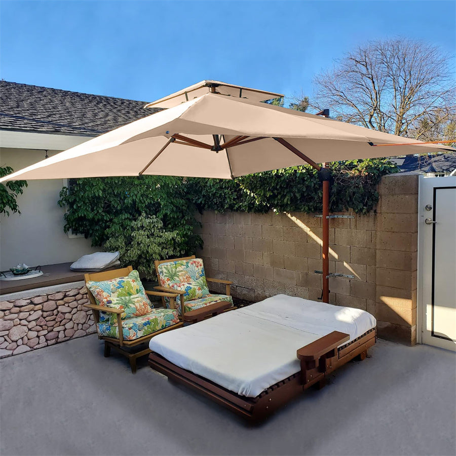 PURPLE LEAF Parasol Déporté Inclinable Grain de Bois en Aluminium Parasol De Jardin Extérieur Toit à Double Rotatif 360°