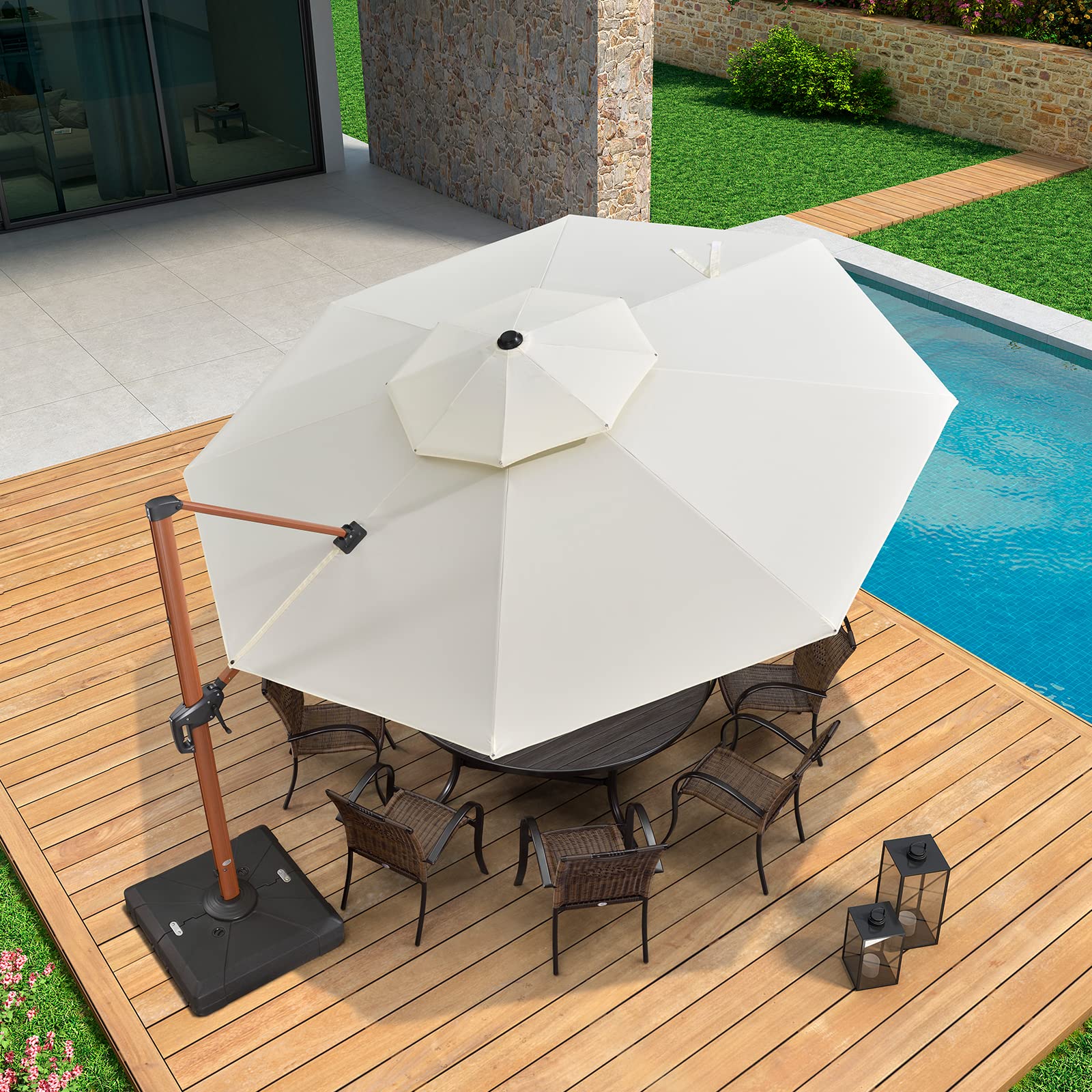 PURPLE LEAF Parasol Déporté Rond Grain de Bois en Aluminium Parasol De Jardin Extérieur Toit à Double Rotatif 360°