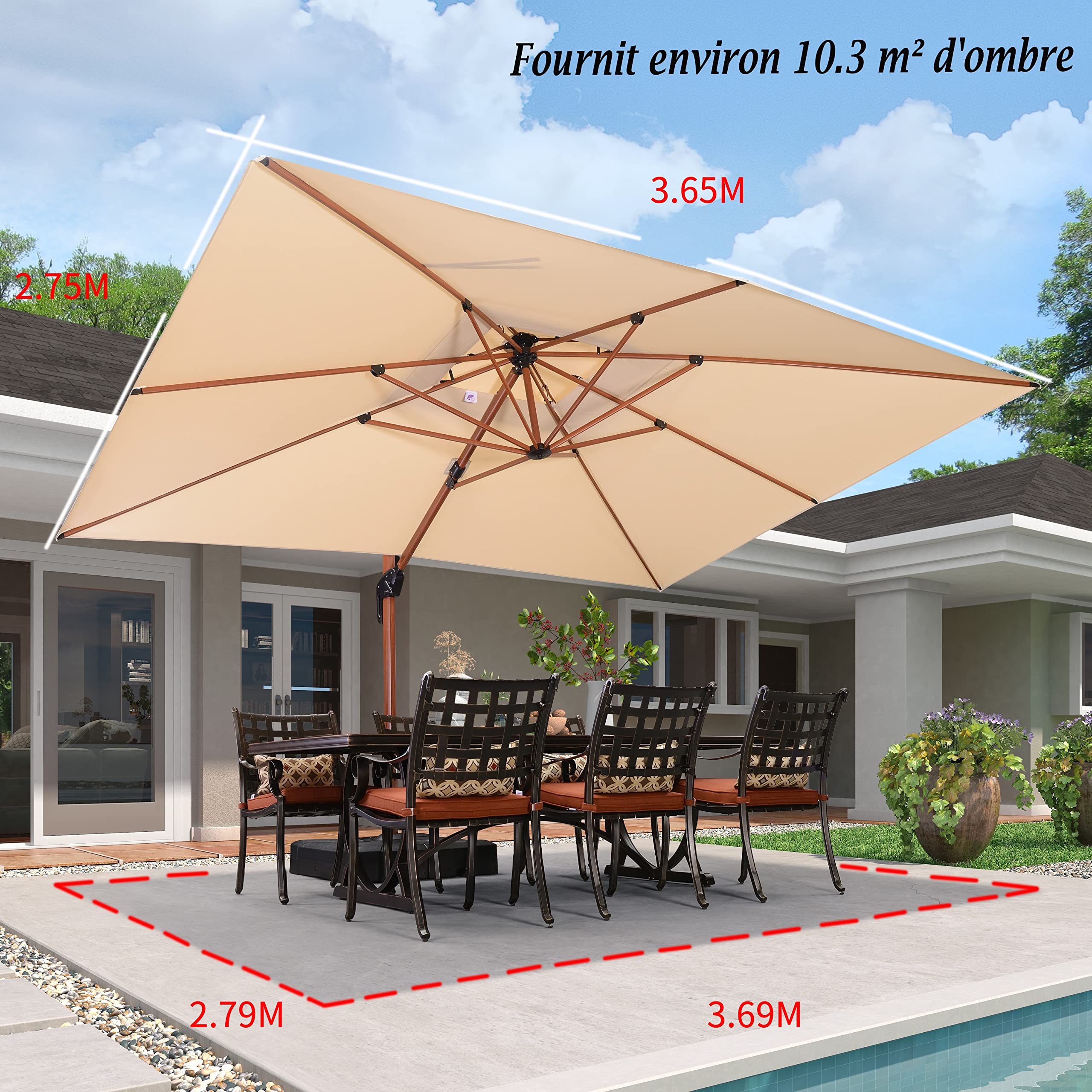 PURPLE LEAF Parasol Rectangulaire Grain de Bois en Aluminium Parasol De Jardin Extérieur Toit à Double Rotatif 360°