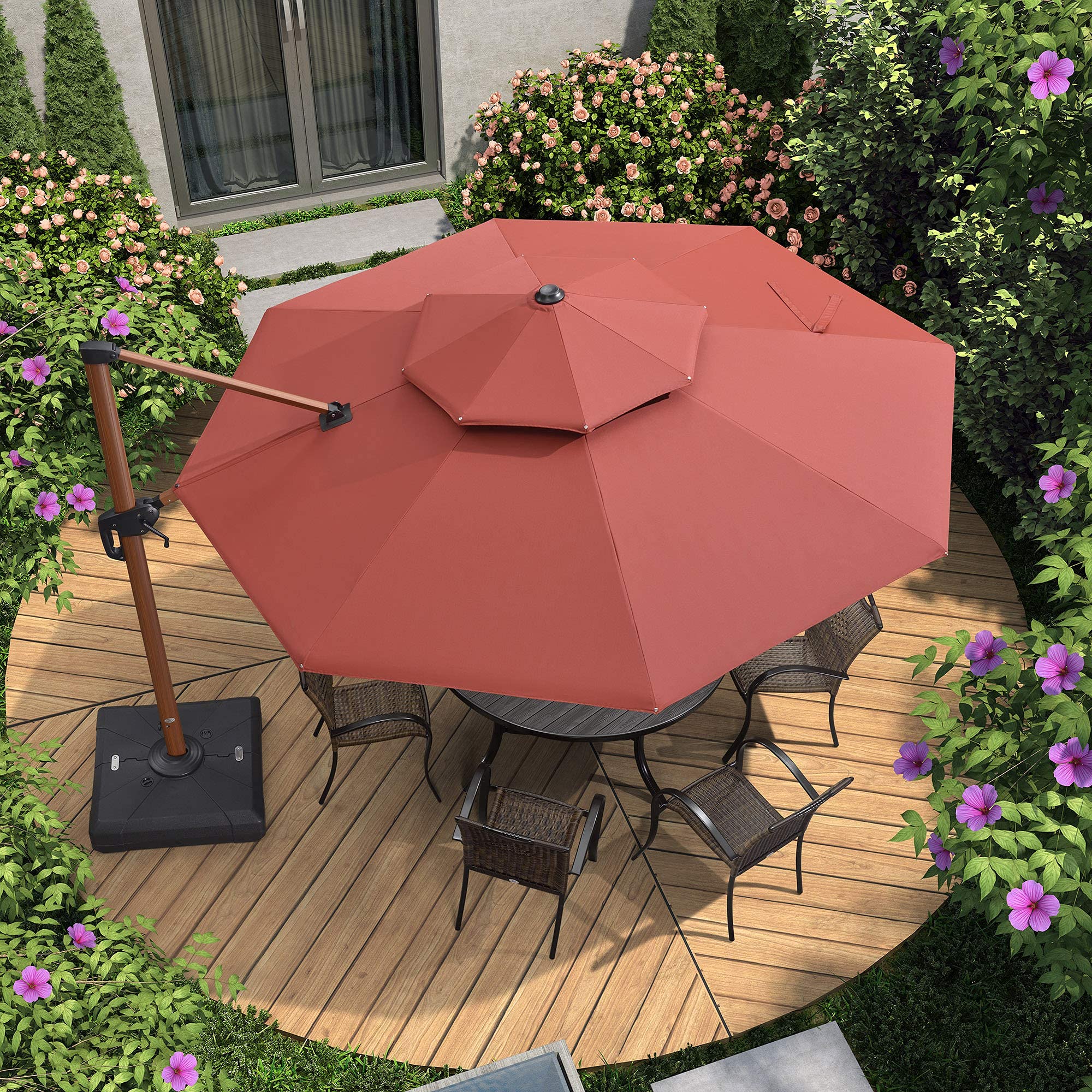 PURPLE LEAF Parasol Déporté Rond Grain de Bois en Aluminium Parasol De Jardin Extérieur Toit à Double Rotatif 360°