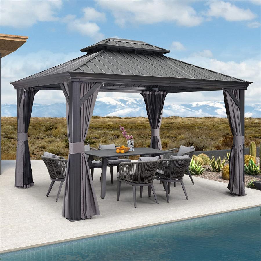 PURPLE LEAF Tonnelle De Jardin Exterieur Tonnelle Aluminum Avec Moustiquaire Et Rideaux Pavillon De Jardin à Double Toit Acier Galvanisé, Gris
