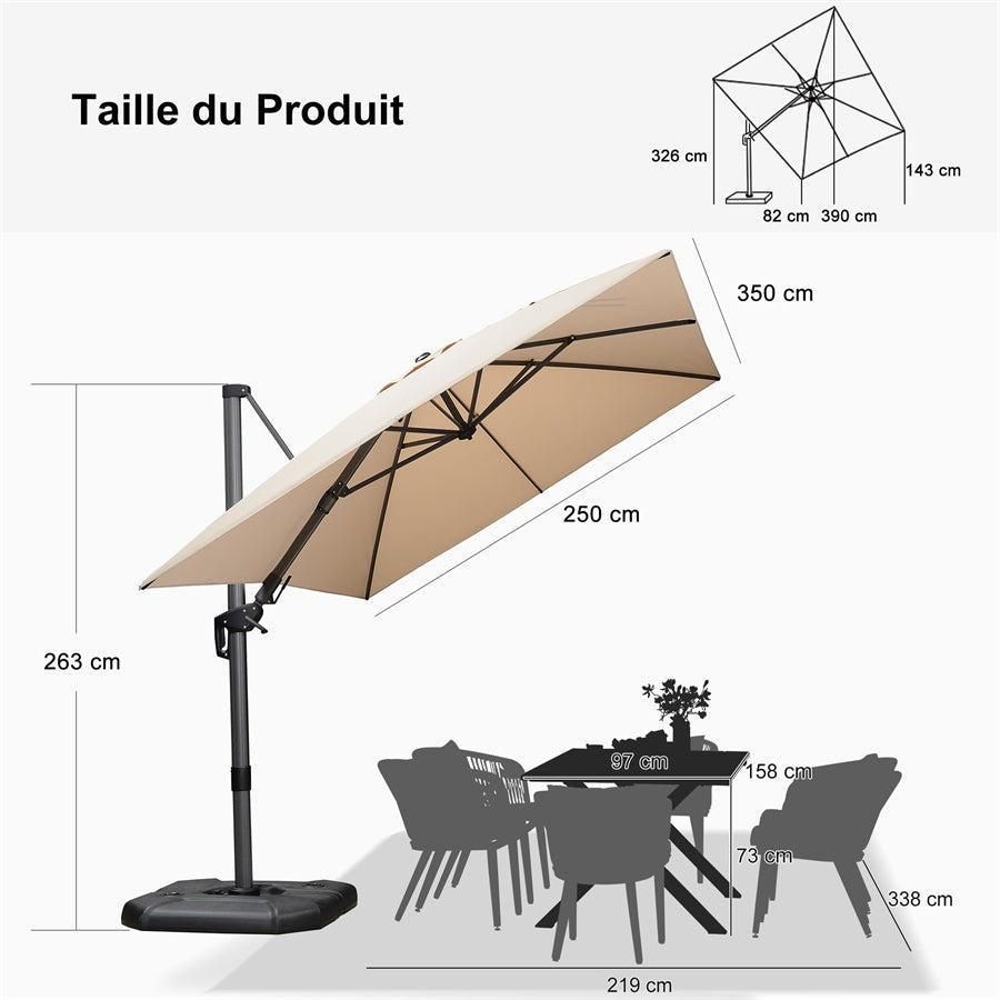 PURPLE LEAF Parasol Déporté Inclinable Gauche Droite Carré, Parasol De Jardin Extérieur avec 5 Positions réglables et Rotation à 360°, Toile Protection UV