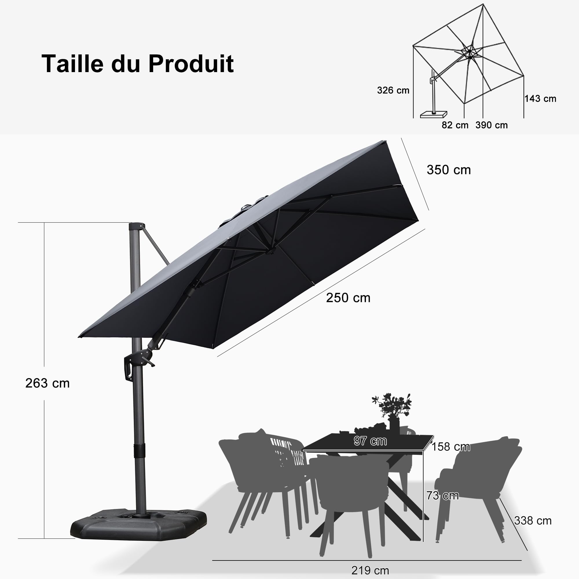 PURPLE LEAF Parasol Déporté Inclinable Gauche Droite Carré, Parasol De Jardin Extérieur avec 5 Positions réglables et Rotation à 360°, Toile Protection UV
