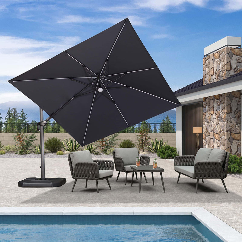 PURPLE LEAF Parasol De Jardin Exterieur Deporte LED 3x3 m, pivoter le long du mât du, Rotatif 360°, Parasol Deporte Excentré Inclinable, Parasol Suspendu Balcon Lumineux Solaire, Gris - Purpleaf France