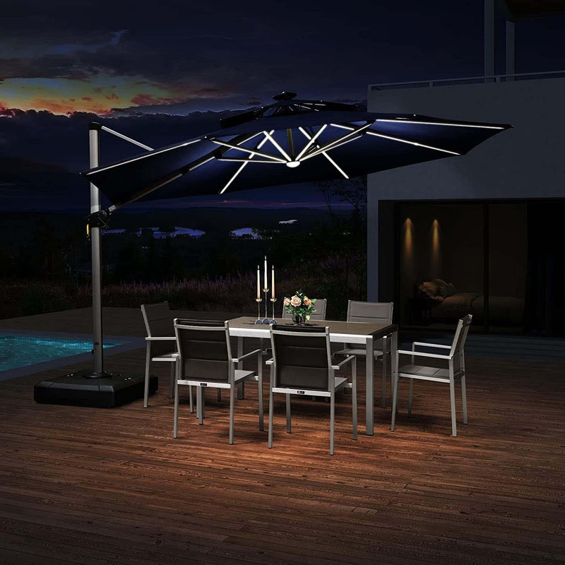 PURPLE LEAF Parasol De Jardin Exterieur 3 m Rond avec LED, Parasol Déporté Toit à Double Rotatif 360°, Parasol Excentré Inclinable, Parasol Terrasse Exterieur Luxueux, Marine - Purpleaf France