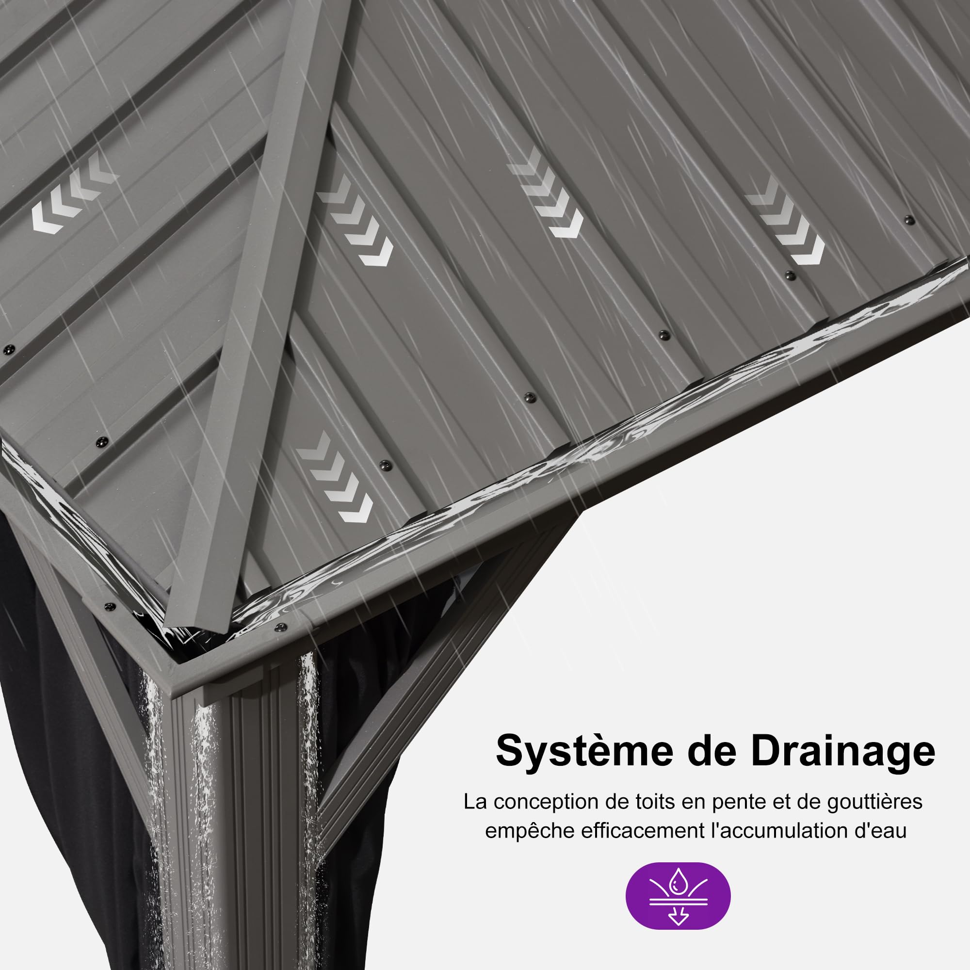 PURPLE LEAF Tonnelle de Jardin Pour Terrasse, Abris de Soleil Avec Toit Rigide en Acier Galvanisé, Equipée de Rideaux, Gris Clair