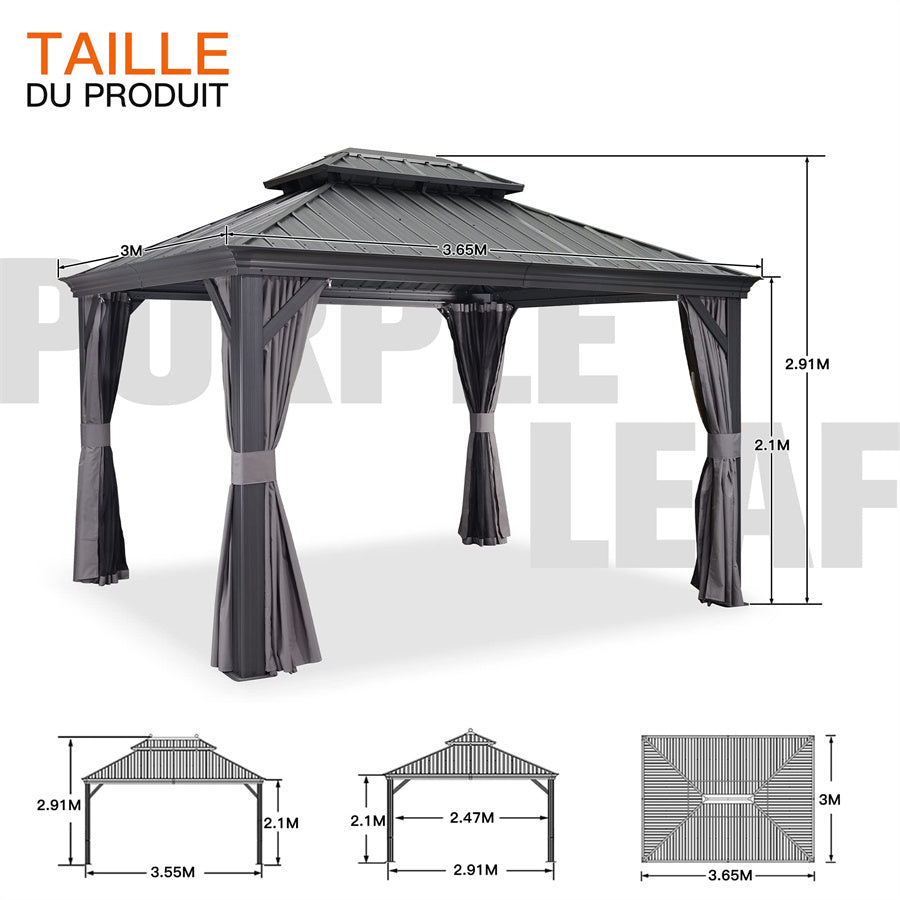 PURPLE LEAF Tonnelle De Jardin Exterieur Tonnelle Aluminum Avec Moustiquaire Et Rideaux Pavillon De Jardin à Double Toit Acier Galvanisé, Gris