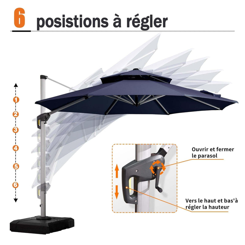 PURPLE LEAF Parasol De Jardin Exterieur 3 m Rond avec LED, Parasol Déporté Toit à Double Rotatif 360°, Parasol Excentré Inclinable, Parasol Terrasse Exterieur Luxueux, Marine - Purpleaf France