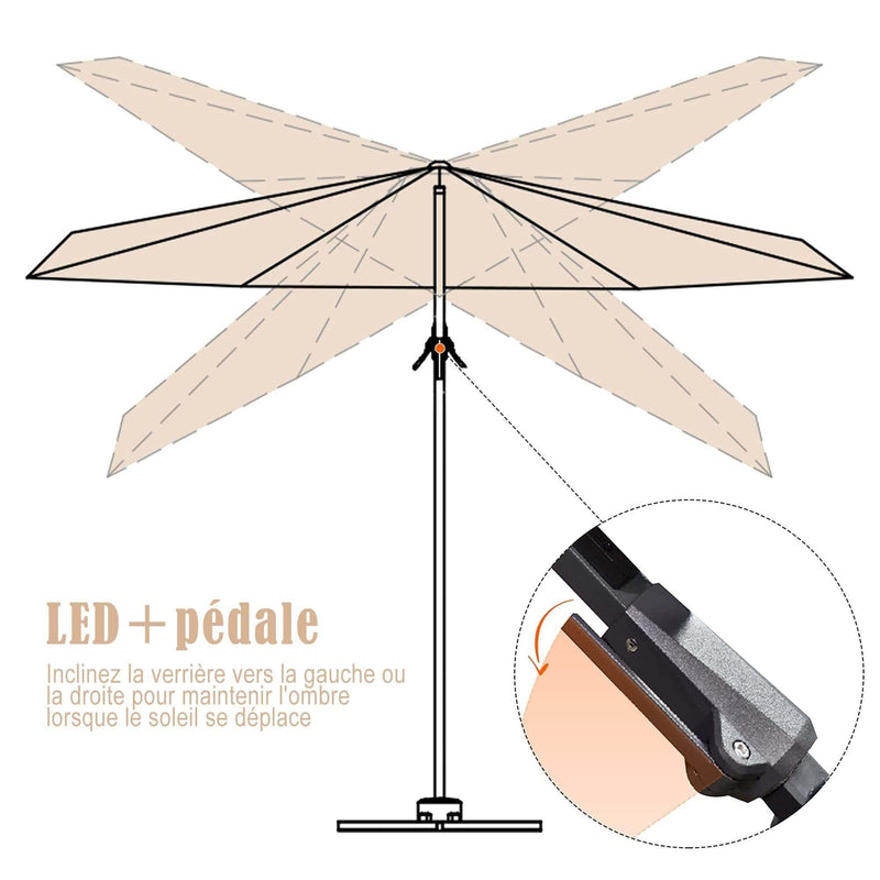 PURPLE LEAF Parasol De Jardin Exterieur Deporte LED 3x3 m, pivoter le long du mât du, Rotatif 360°, Parasol Deporte Excentré Inclinable, Parasol Suspendu Balcon Lumineux Solaire, Gris - Purpleaf France