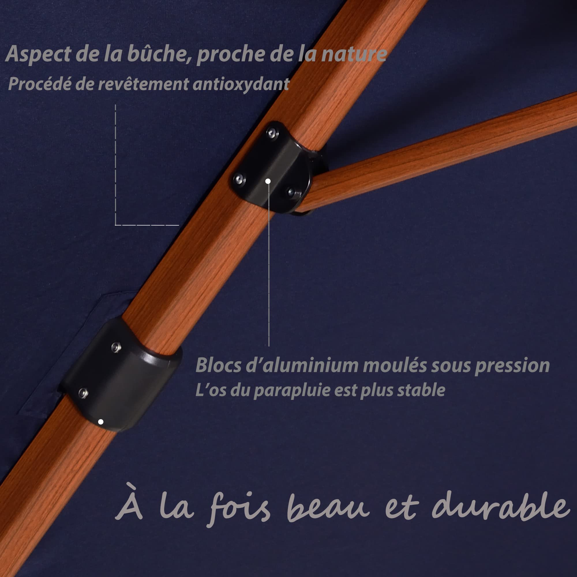 PURPLE LEAF Parasol Déporté Rond Grain de Bois en Aluminium Parasol De Jardin Extérieur Toit à Double Rotatif 360°