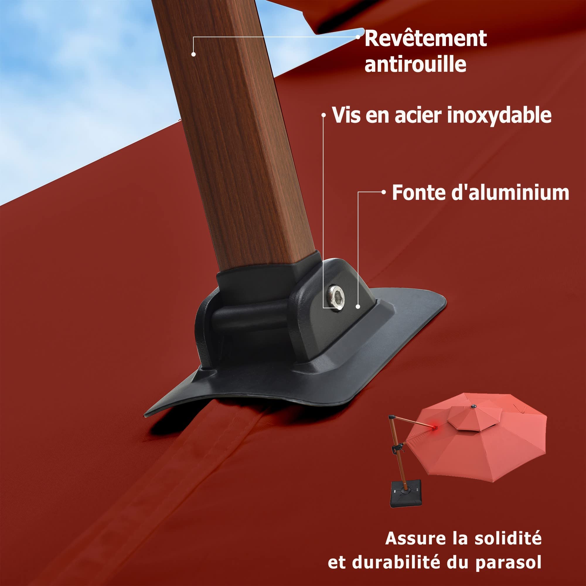 PURPLE LEAF Parasol Déporté Rond Grain de Bois en Aluminium Parasol De Jardin Extérieur Toit à Double Rotatif 360°