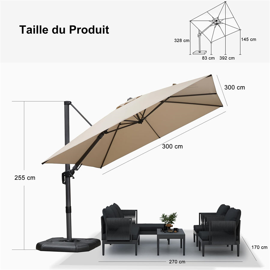 PURPLE LEAF Parasol Déporté Inclinable Gauche Droite Carré, Parasol De Jardin Extérieur avec 5 Positions réglables et Rotation à 360°, Toile Protection UV