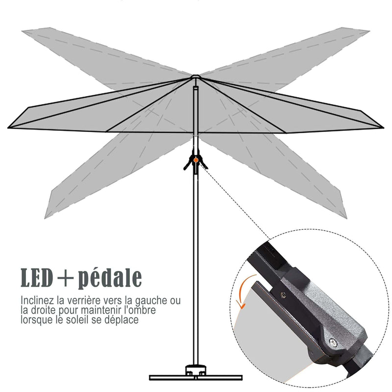 PURPLE LEAF Parasol De Jardin Exterieur Deporte LED 3x3 m, pivoter le long du mât du, Rotatif 360°, Parasol Deporte Excentré Inclinable, Parasol Suspendu Balcon Lumineux Solaire, Gris - Purpleaf France