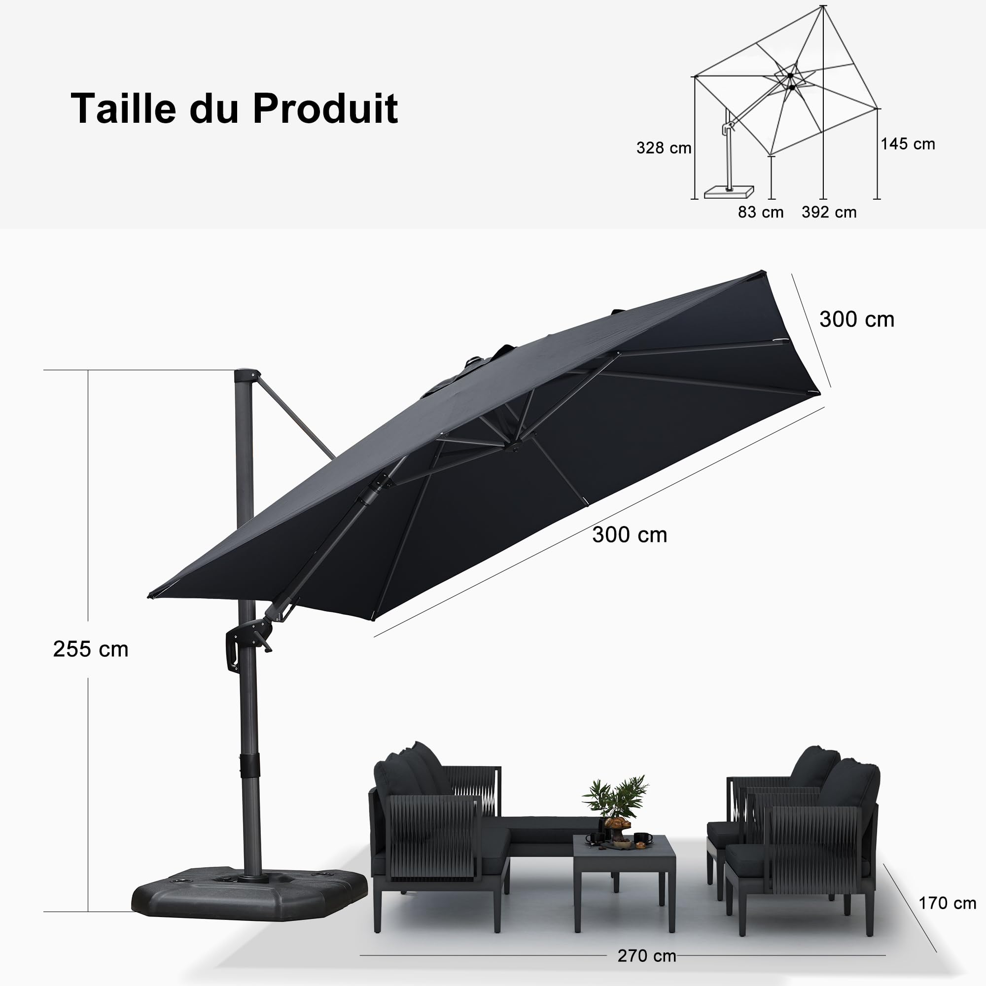 PURPLE LEAF Parasol Déporté Inclinable Gauche Droite Carré, Parasol De Jardin Extérieur avec 5 Positions réglables et Rotation à 360°, Toile Protection UV