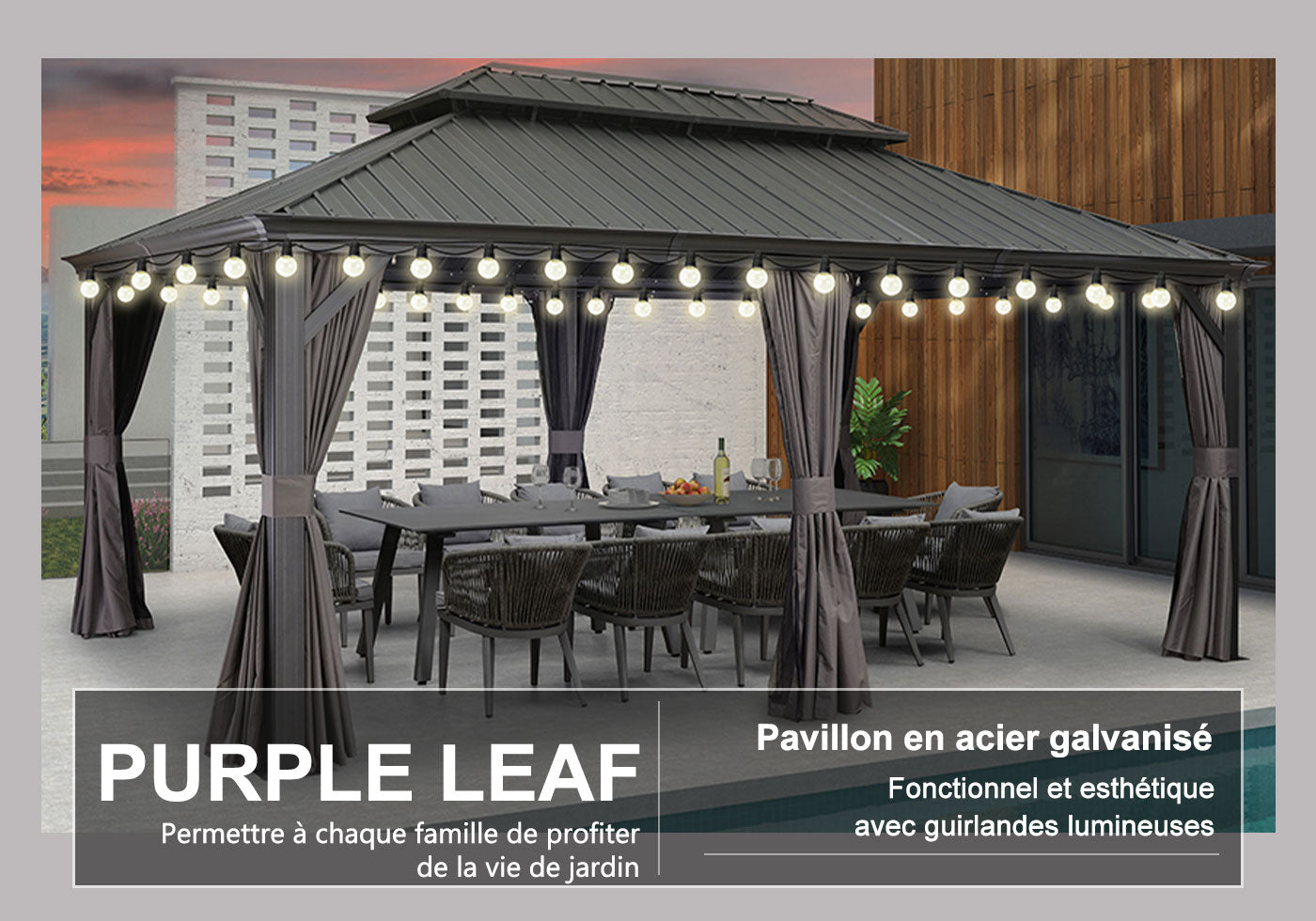 PURPLE LEAF Tonnelle de Jardin Extérieur, Pavillon de Jardin à Toit Double en Acier Galvanisé, Solide, Avec Guirlandes Lumineuses Transparentes, Modèle Luxueux - Gris