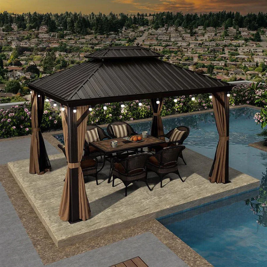 PURPLE LEAF Tonnelle de Jardin, Toit Double en Acier Galvanisé, Avec Rideaux Améliorés et Guirlandes Lumineuses Transparentes, Bronze