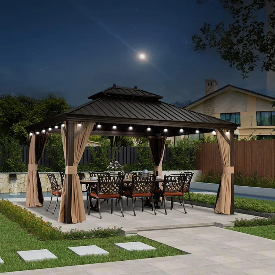 PURPLE LEAF Tonnelle de Jardin, Toit Double en Acier Galvanisé, Avec Rideaux Améliorés et Guirlandes Lumineuses Transparentes, Bronze