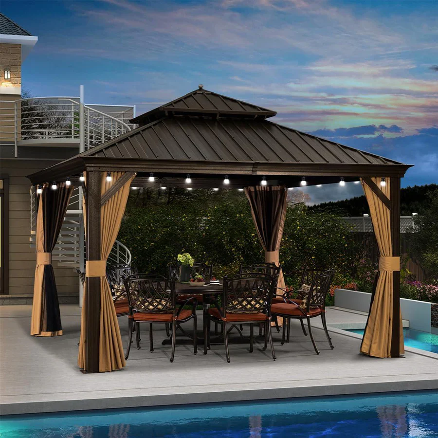 PURPLE LEAF Tonnelle de Jardin, Toit Double en Acier Galvanisé, Avec Rideaux Améliorés et Guirlandes Lumineuses Transparentes, Bronze