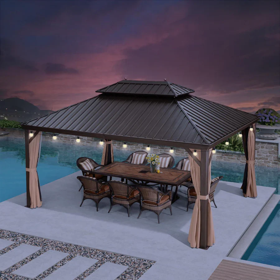 PURPLE LEAF Tonnelle de Jardin, Toit Double en Acier Galvanisé, Avec Rideaux Améliorés et Guirlandes Lumineuses Transparentes, Bronze