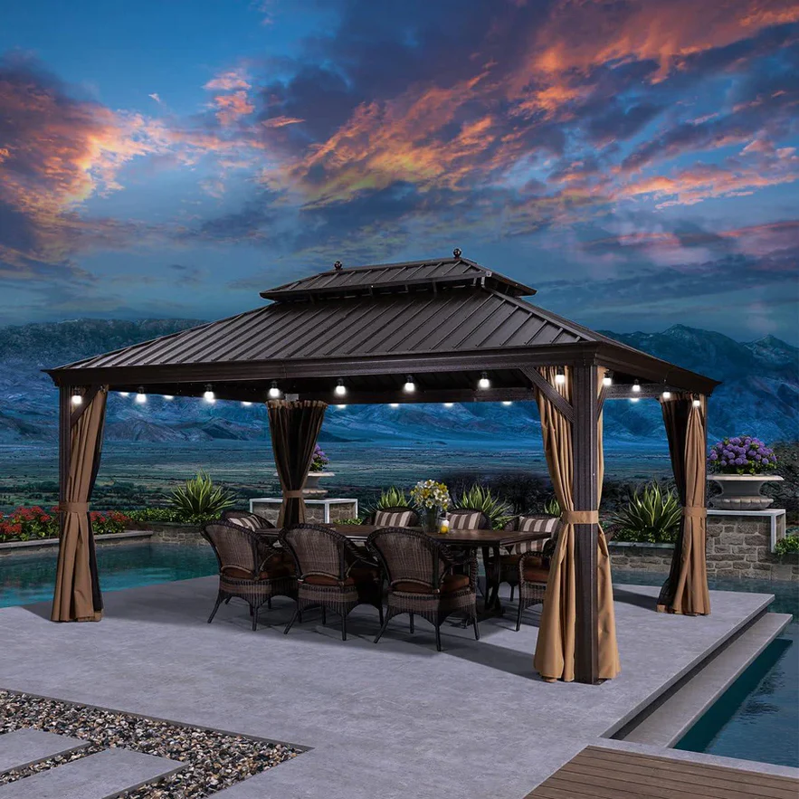 PURPLE LEAF Tonnelle de Jardin, Toit Double en Acier Galvanisé, Avec Rideaux Améliorés et Guirlandes Lumineuses Transparentes, Bronze