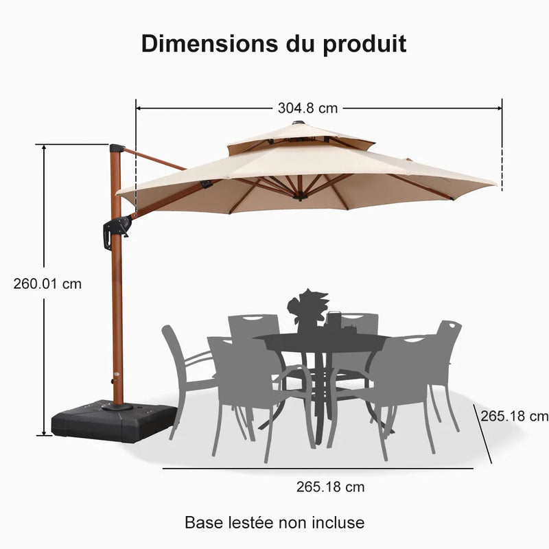 PURPLE LEAF Parasol Déporté Rond Grain de Bois en Aluminium Parasol De Jardin Extérieur Toit à Double Rotatif 360°