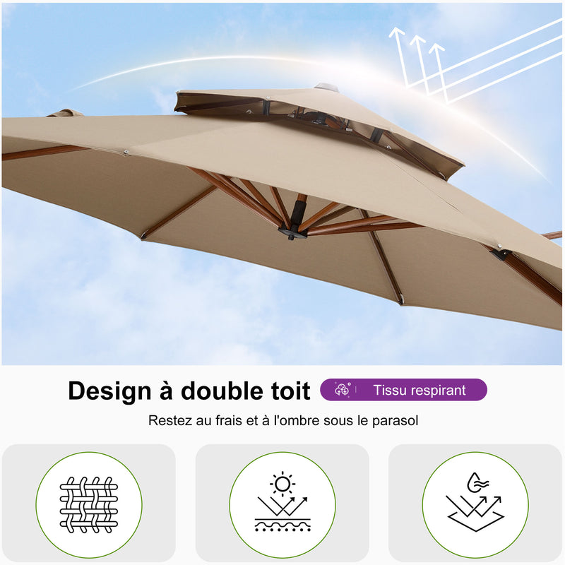 PURPLE LEAF Parasol Déporté Rond Grain de Bois en Aluminium Parasol De Jardin Extérieur Toit à Double Rotatif 360°